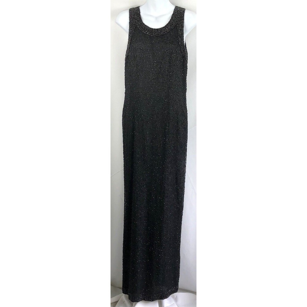 Vtg Laurence Kazer Silk Beaded Dress M Blk Sleeveless Formal Party Evening Paris